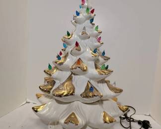 White Christmas Tree Flocked in Gold with Lights