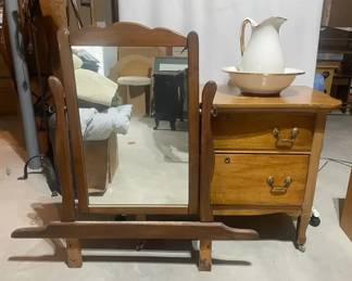 Vintage Wooden Wash Stand w Mirror, Pitcher, Bowl