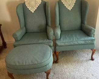 2 Broyhill Fabric Wing Back Chairs with 1 Ottoman