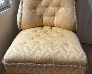 Vintage YellowGold Patterned Fabric Chair with Fringe Skirting