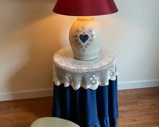 Vintage Pressed Wood Side Table, Ceramic Lamp, Small Upholstered Stool