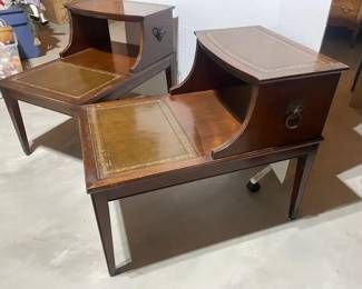 Matching Mid Century End Tables w Lions Head Detail and Gold Tooled Stenciling