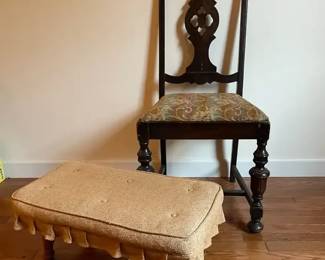 Vintage Dark Wood Chair Small Upholstered Stool
