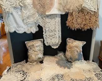 Huge Vintage Doily Lace Mystery Lot Table Clothes, Vanity Covers, Coasters, Other Pieces