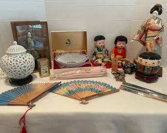 Asian Decor Figures Geisha Figure, Porcelain Figures, Arita Lattice Bowl, Parasol Hat, More