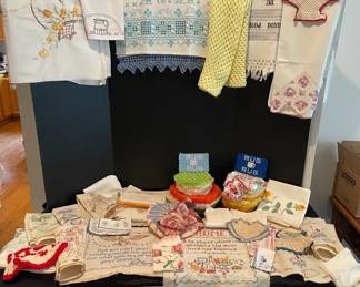 Vintage Linens Mystery Lot 2 Embroidered Towels, Artwork, Crocheted Pot Holders, More