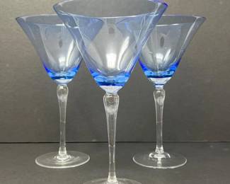 Set of Three Blue Rim Martini Glasses