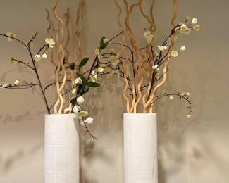 Textured White Ceramic Vase Pair with Branches
