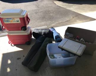 Lot of 2 Igloo Wheelie Coolers with Camp Stove & Gear