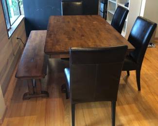 Wood Dining Table Set with Bench & 4 Black Chairs