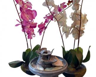 Pink, White & Natural Stone - Lifelike Silk Orchids, Ceramic Fountain