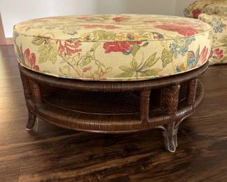 20 RoundRattanStatementWickerOttomanwithFloralCushionsRound Rattan Statement Wicker Ottoman with Floral Cushions