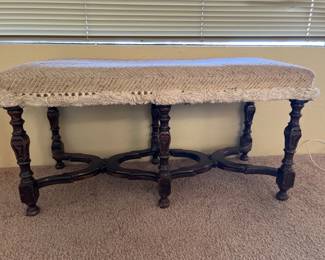 Victorian Style Carved Wood Upholstered Bench