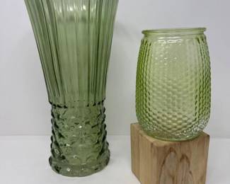 Mid-Century Olive & Chartreuse Pressed Glass Vase Pair