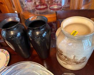CROCK CANISTER AND 2 VASES