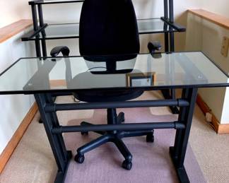 Modern Glass and Black Metal Desk And TwoTier Credenza