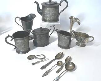 Antique Plated Metal Tea Set, Sterling Silver Spoons weighing 49.8 G