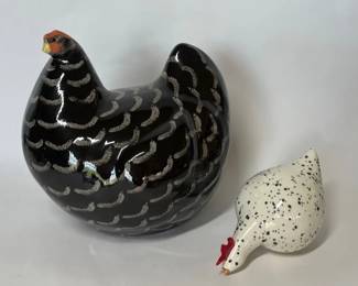 Handpainted ceramic hen figurines