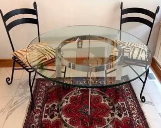 Glass And Chrome Dining Table, 2 Wrought Iron Chairs Rug