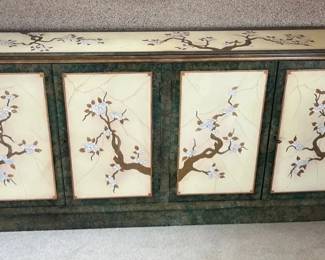 Asian Inspired Cream And Green Sideboard, Vintage