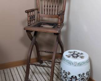 Antique Oak High Chair With Garden Seat