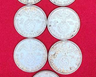 Nazi Germany 2 Reichsmark silver coins, featuring Paul von Hindenburg on the obverse and the German eagle with swastika on the reverse.