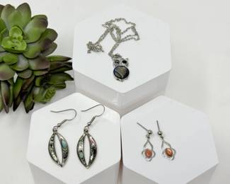 123 AbaloneShellEarringsOrangeStoneDropsOwlNecklace