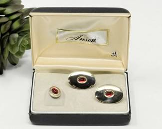 30 AnsonVintageGoldToneCufflinksStudSetwithRedCabochons
