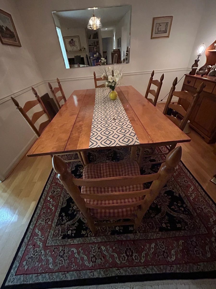 Vintage pine wood leaf table 72x48 w/ 6 ladderback colonial chairs $500