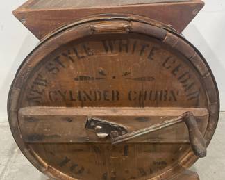 Large 10 Pound Wooden Barrel Butter Churn "New Style White Cedar Cylinder Churn", Original Stenciling