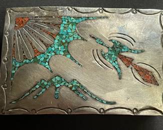 Marked Native American Belt Buckle with Chipped Turquoise & Coral Peyote Bird, Marked with Sunface & HMIJ