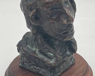 Missouri Artist Signed Bronze Bust of Native American on Wooden Base, Artist Robert H. Dick