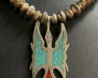 Sterling Silver Native American Peyote Bird with Turquoise & Coral Inlay on Beaded Necklace,(Navajo Pearls)