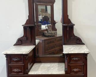Beautiful Walnut Victorian Renaissance Revival Drop Front Deep Well Marble Top Dresser, 1870's - 1890's