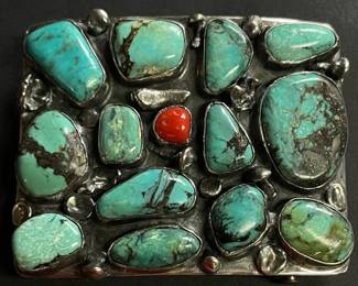 Native American Turquoise and Coral Belt Buckle