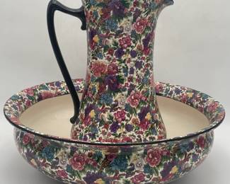 Chintz Crown Ducal English Pitcher and Bowl, 1890's-1930