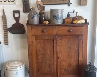 Walnut Jelly Hutch, Stoneware and Primitives