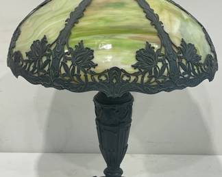 Art Nouveau Green Slag Art Glass Parlor Filigree Lamp, 1920's
