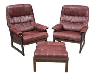 Pair of Mid-Century Brown Leather Chairs with Ottoman - LOT 216