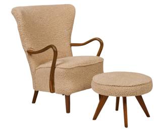 Mid-Century Modern Boucle Lounge Chair and Ottoman - LOT 387