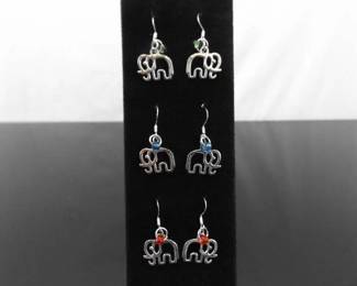 3 Pairs of .925 Sterling Silver Colored Glass Bead Accented Elephant Hook Earrings