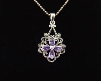 .925 Sterling Silver Art Nouveau Amethyst Crystal Pendant Necklace