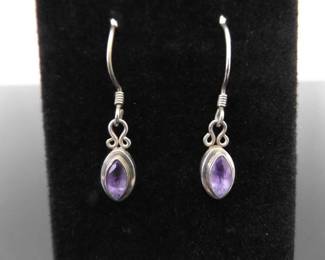 .925 Sterling Silver Amethyst Dangle Hook Earrings