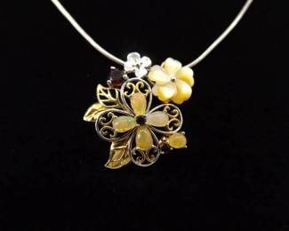 .925 Sterling Silver Garnet Accented Mother of Pearl Flower Pendant Necklace