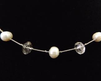 .925 Sterling Silver Clasp Genuine Pearl and Crystal Necklace