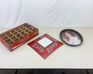 Lot of Vintage Coca Cola Wood Bottle Crate, Serving Tray and Glass Lamp Shade