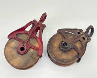 2 Vintage Hudson Wood And Cast Iron Pulley Mall 823 and 1133