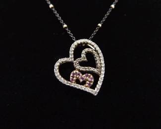 .925 Sterling Silver Pink Sapphire Crystal Heart Pendant Necklace