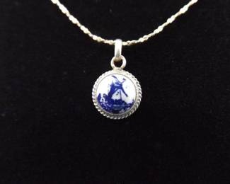 .925 Sterling Silver Delft Windmill Cabochon Pendant Necklace