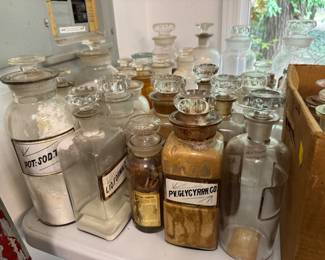 Apothecary bottles, glass labels